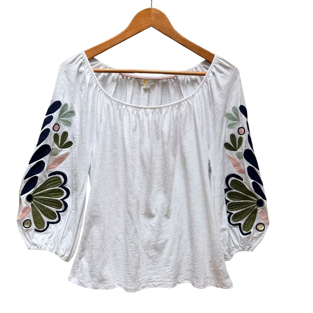 Boden Hayden Top Womens 8 White Embroidered Sleeve Peasant Blouse Boho Floral - Picture 2 of 6
